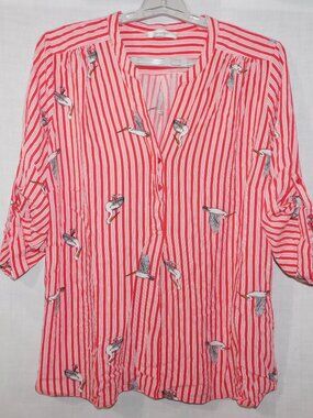 Mandee Red White Striped Heron Bird Print 3/4 Sleeve V neck Blouse Womens 2X